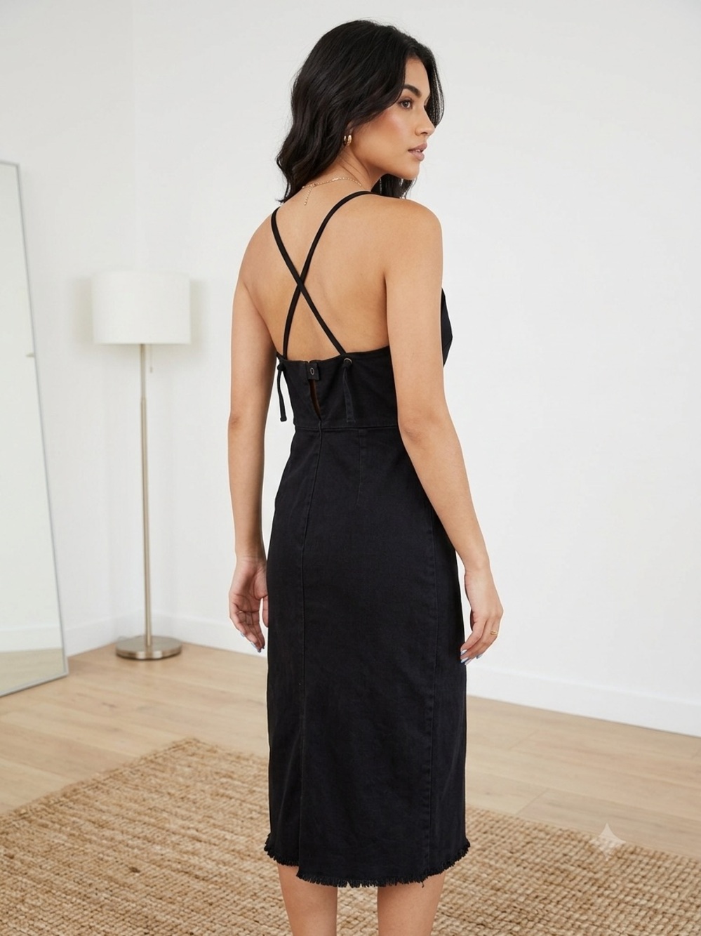 LACAUSA Black Cross-Back Denim Midi Dress